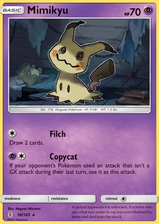 Mimikyu 58/145 Rare Reverse Holo Pokemon Card (Guardians Rising)