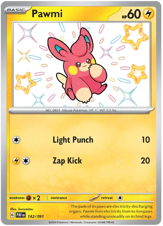 Pawmi 142/091 Shiny Rare Pokemon Card (SV 4.5 Paldean Fates)