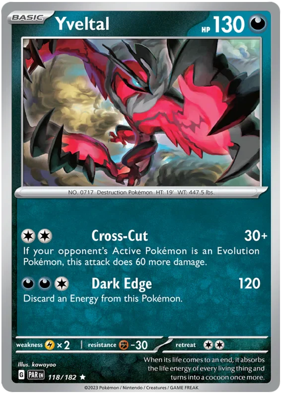 Yveltal 118/182 Rare Reverse Holo Pokemon Card (SV04 Paradox Rift)